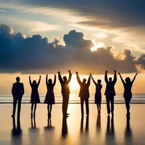 Team building des personne levant les bras en l'air